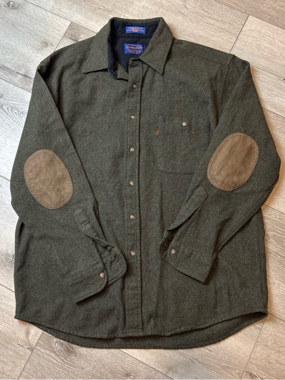 Pendleton Men’s Olive Green Wool Shirt Jacket with Brown Elbow Patches